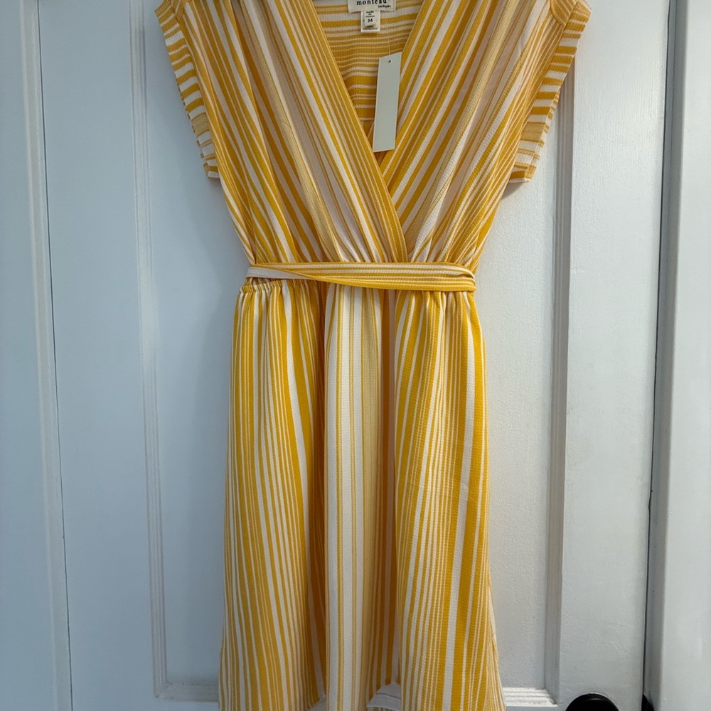 Monteau Yellow and White Striped Midi Dress